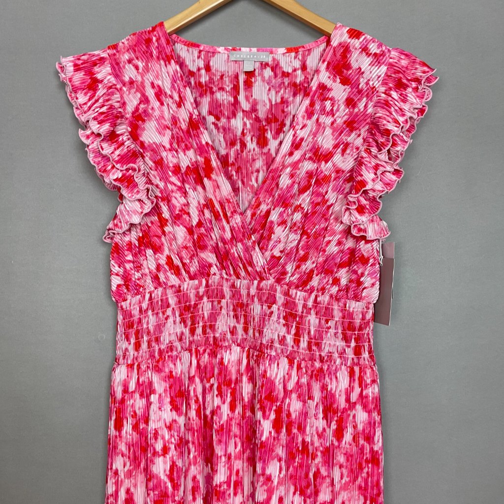 Chelsea28 Dress Flutter Sleeve Pliss Midi Dress Nwt Pink Red Artful Petals Lrg — image 3 of 8